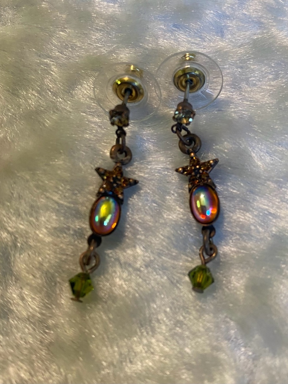 🍀VTG Kirks Folly Iridescent Star Drop Earrings with Olive Crystal Accent